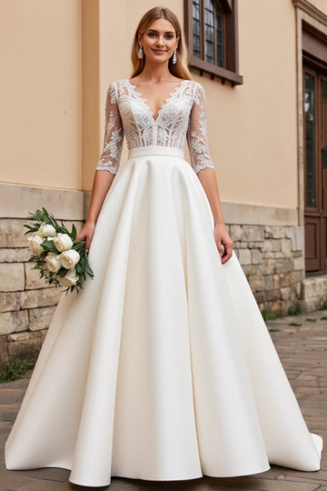 A Line Half Sleeves lvory Lace Long Wedding Dress